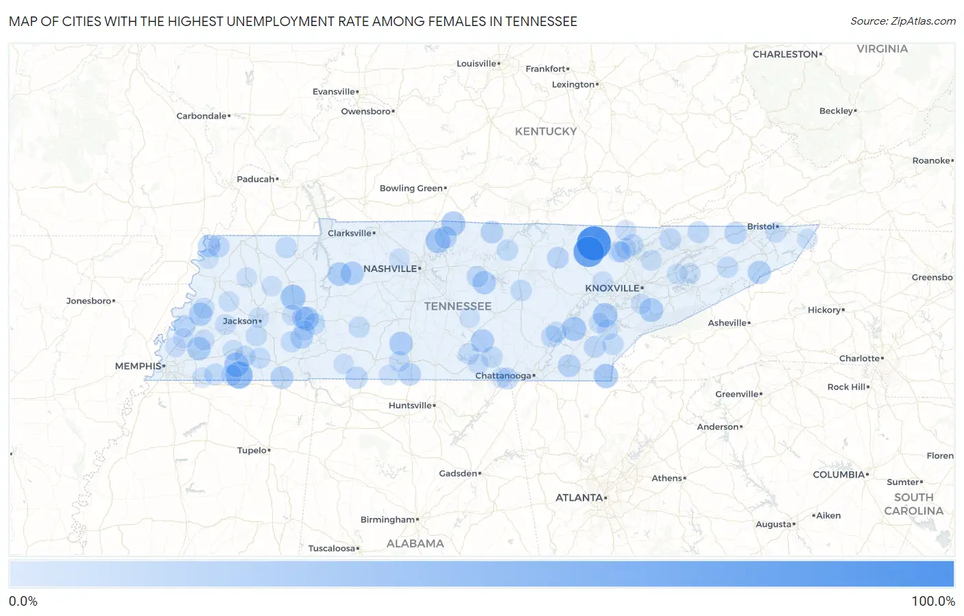 Cities with the Highest Unemployment Rate Among Females in Tennessee Map