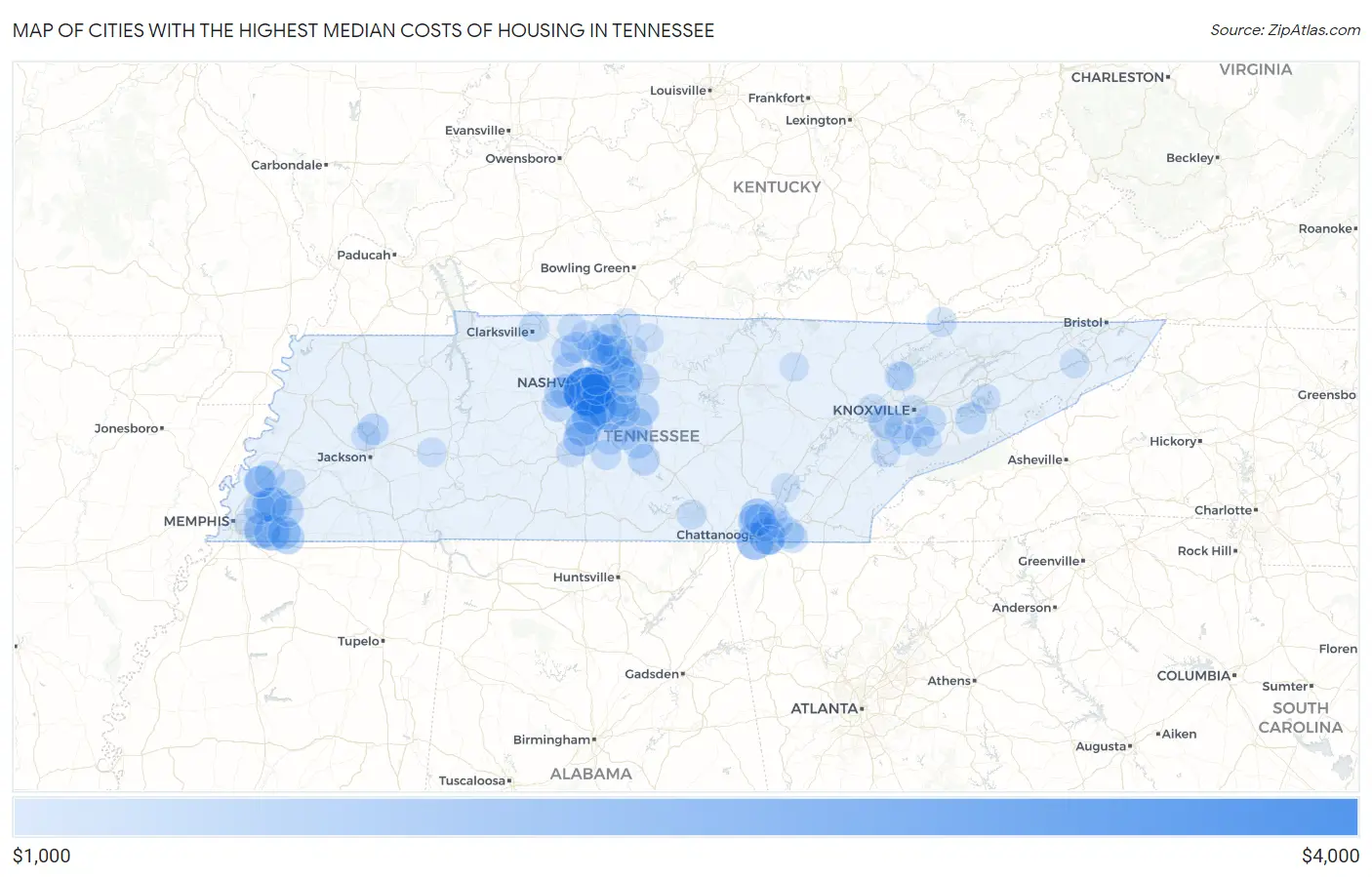 Cities with the Highest Median Costs of Housing in Tennessee Map