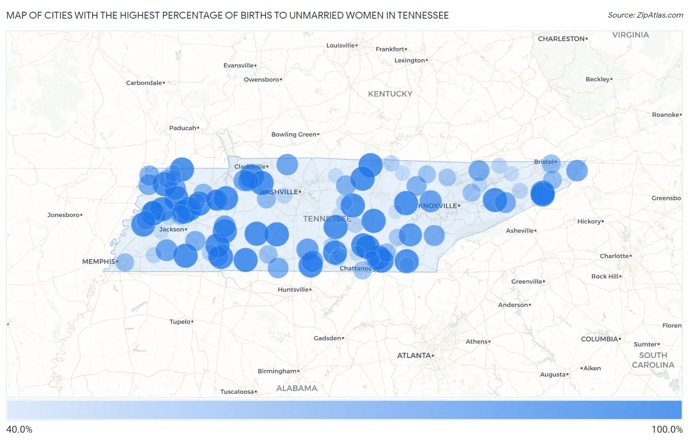 Cities with the Highest Percentage of Births to Unmarried Women in Tennessee Map
