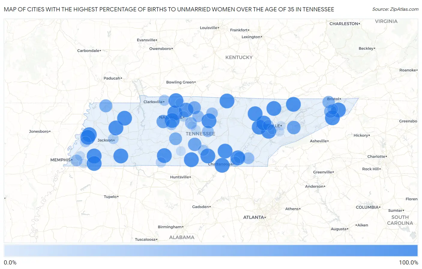 Cities with the Highest Percentage of Births to Unmarried Women over the Age of 35 in Tennessee Map