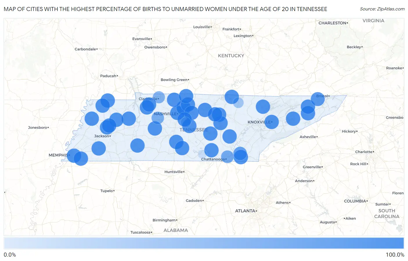 Cities with the Highest Percentage of Births to Unmarried Women under the Age of 20 in Tennessee Map
