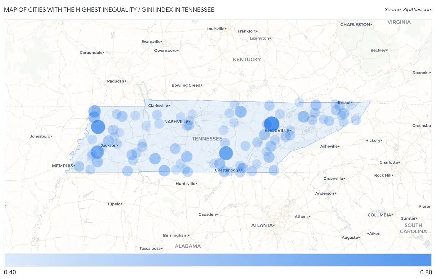 Cities with the Highest Inequality / Gini Index in Tennessee Map
