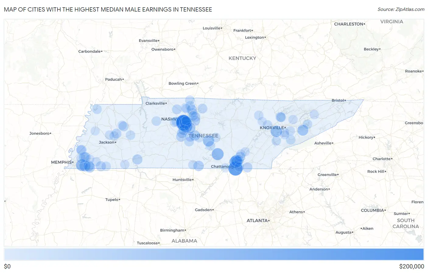 Cities with the Highest Median Male Earnings in Tennessee Map