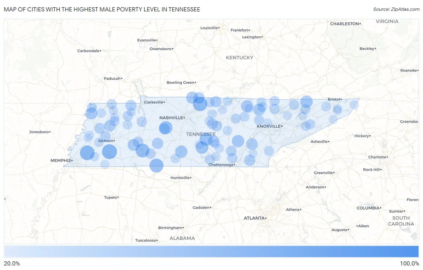 Cities with the Highest Male Poverty Level in Tennessee Map
