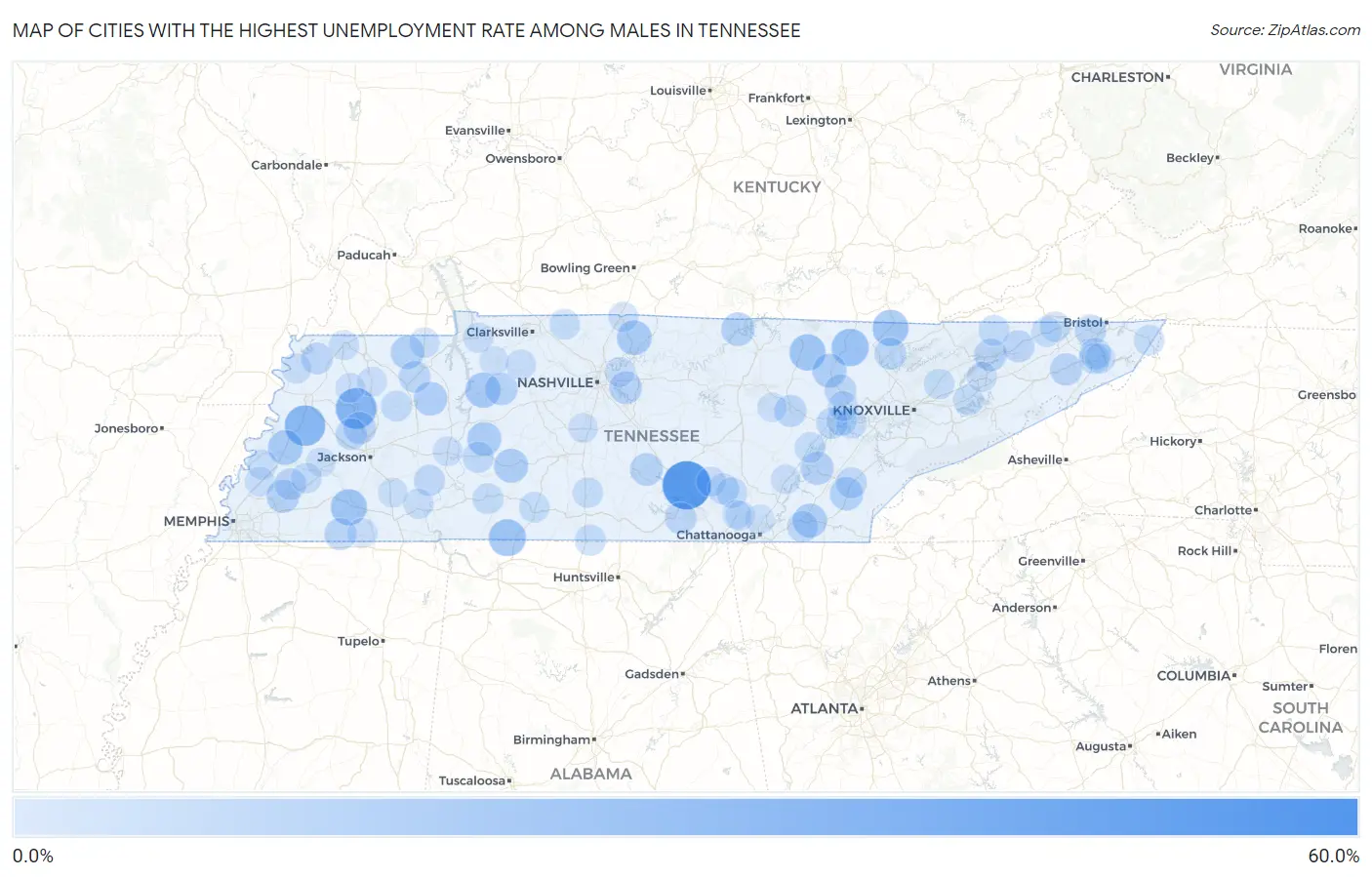 Cities with the Highest Unemployment Rate Among Males in Tennessee Map