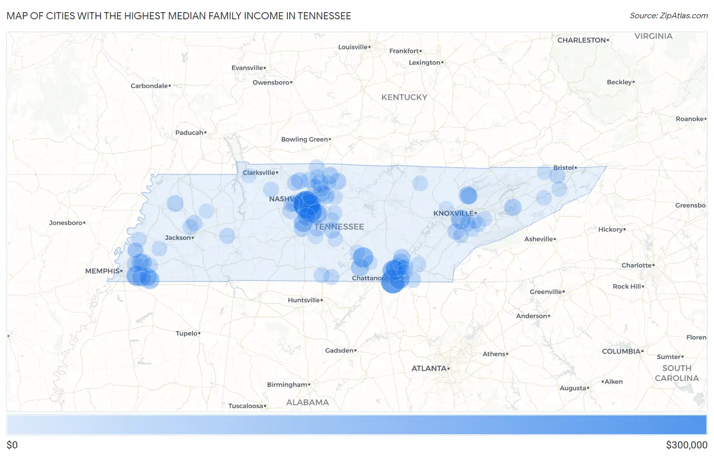 Cities with the Highest Median Family Income in Tennessee Map