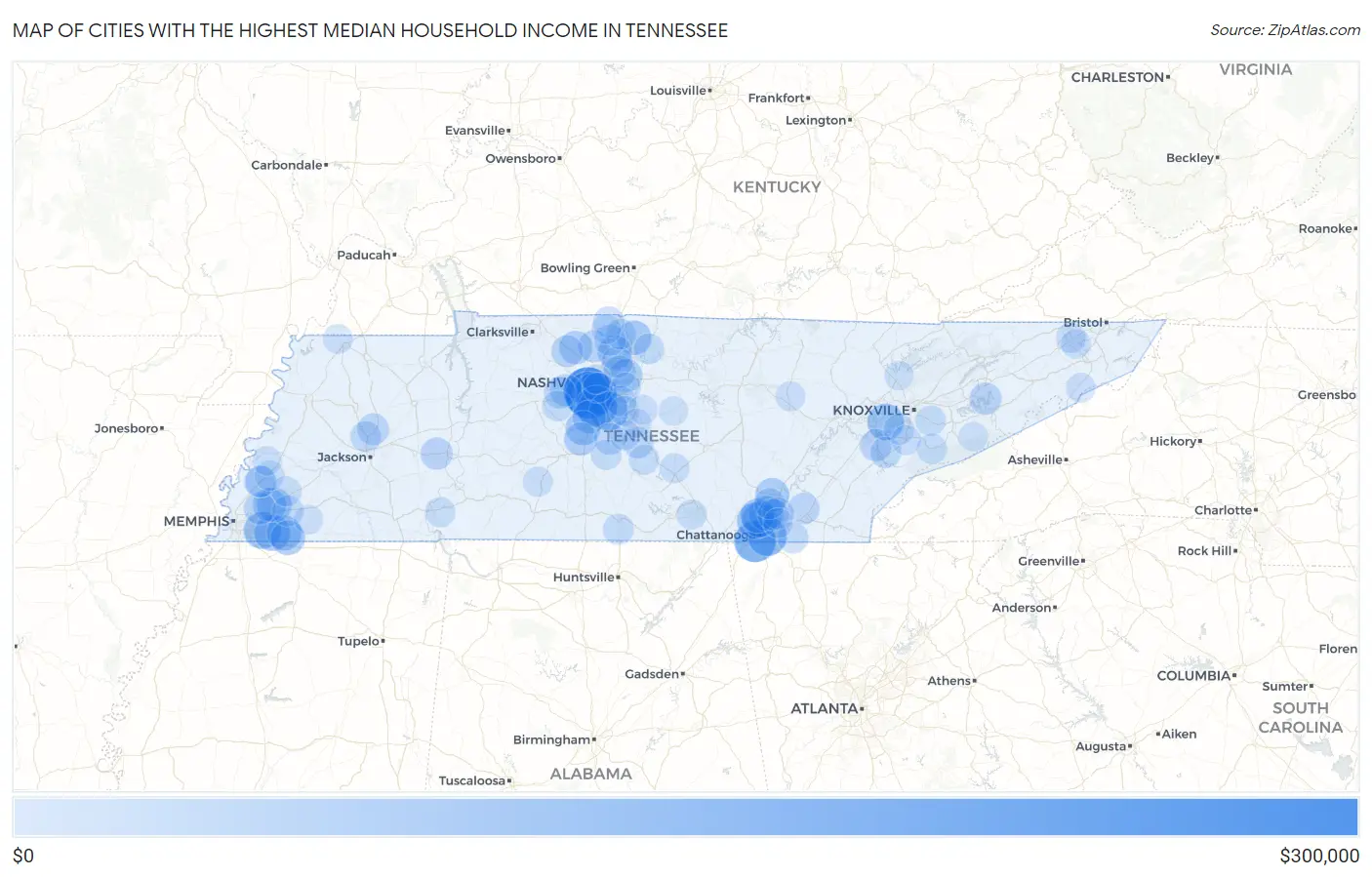 Cities with the Highest Median Household Income in Tennessee Map