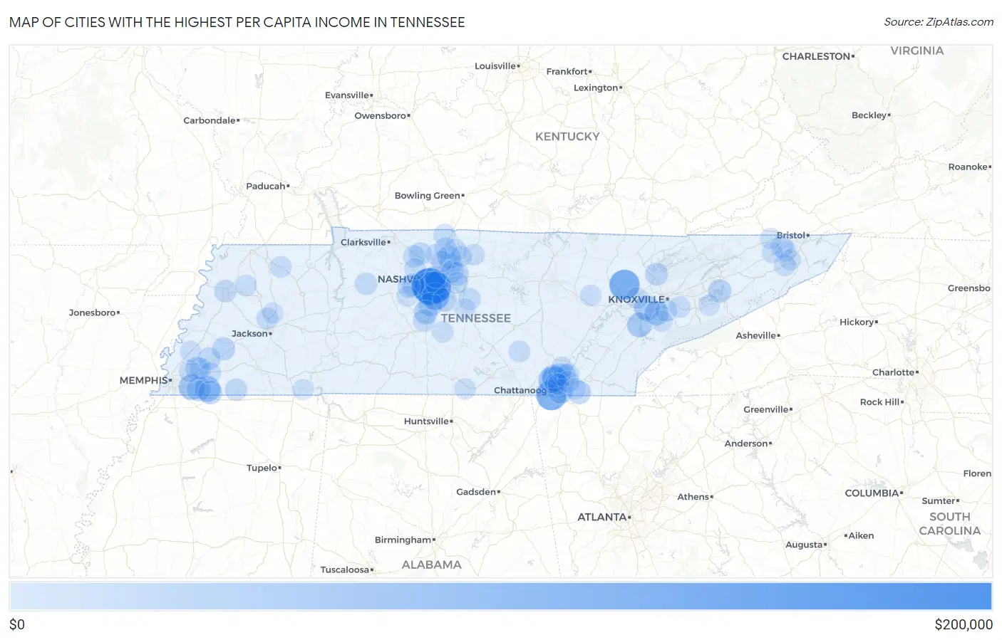 Cities with the Highest Per Capita Income in Tennessee Map