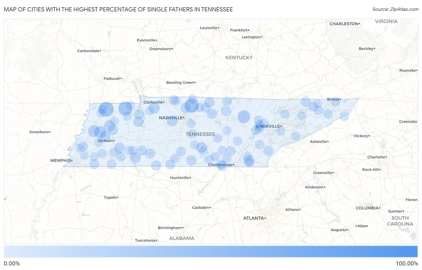 Cities with the Highest Percentage of Single Fathers in Tennessee Map
