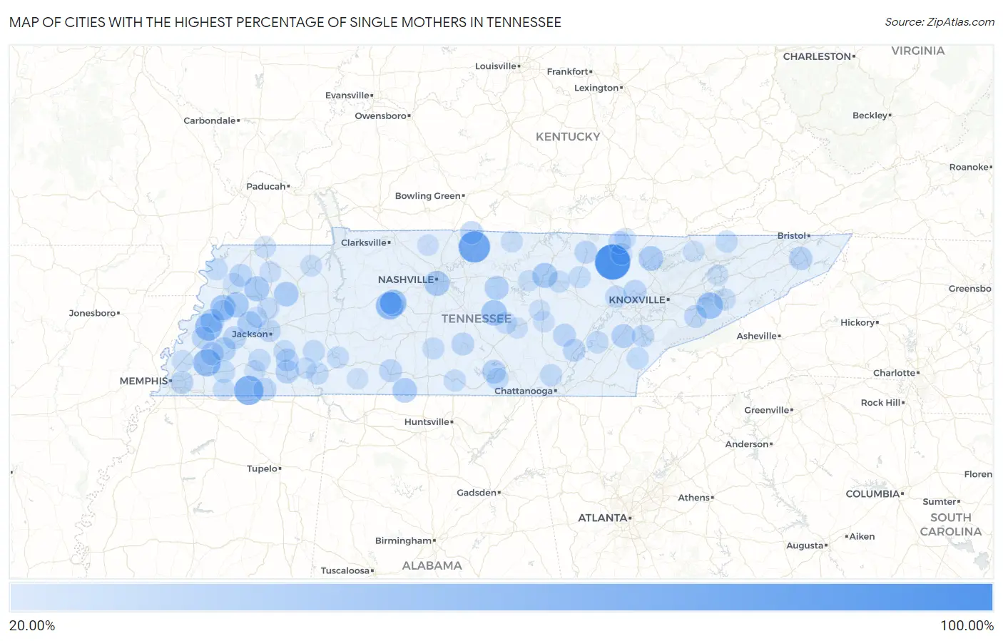 Cities with the Highest Percentage of Single Mothers in Tennessee Map