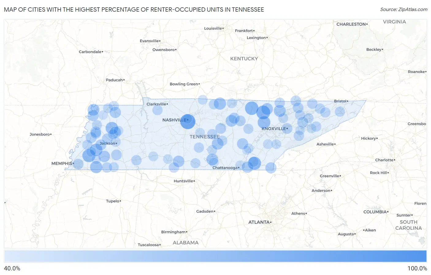Cities with the Highest Percentage of Renter-Occupied Units in Tennessee Map
