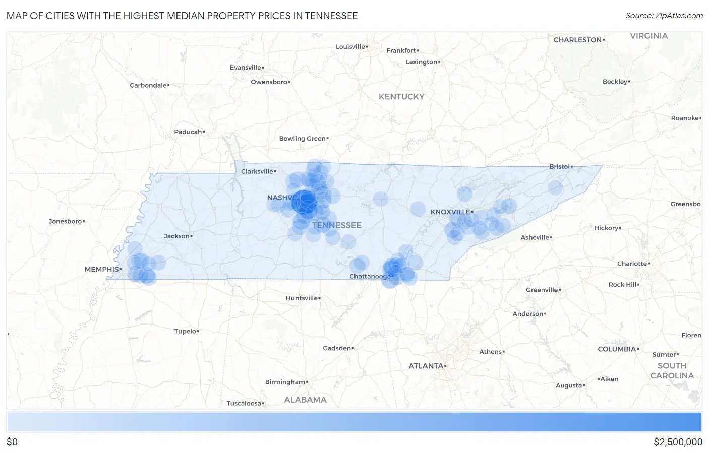 Cities with the Highest Median Property Prices in Tennessee Map