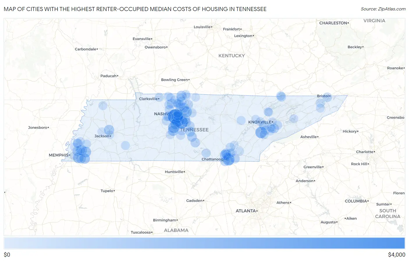 Cities with the Highest Renter-Occupied Median Costs of Housing in Tennessee Map