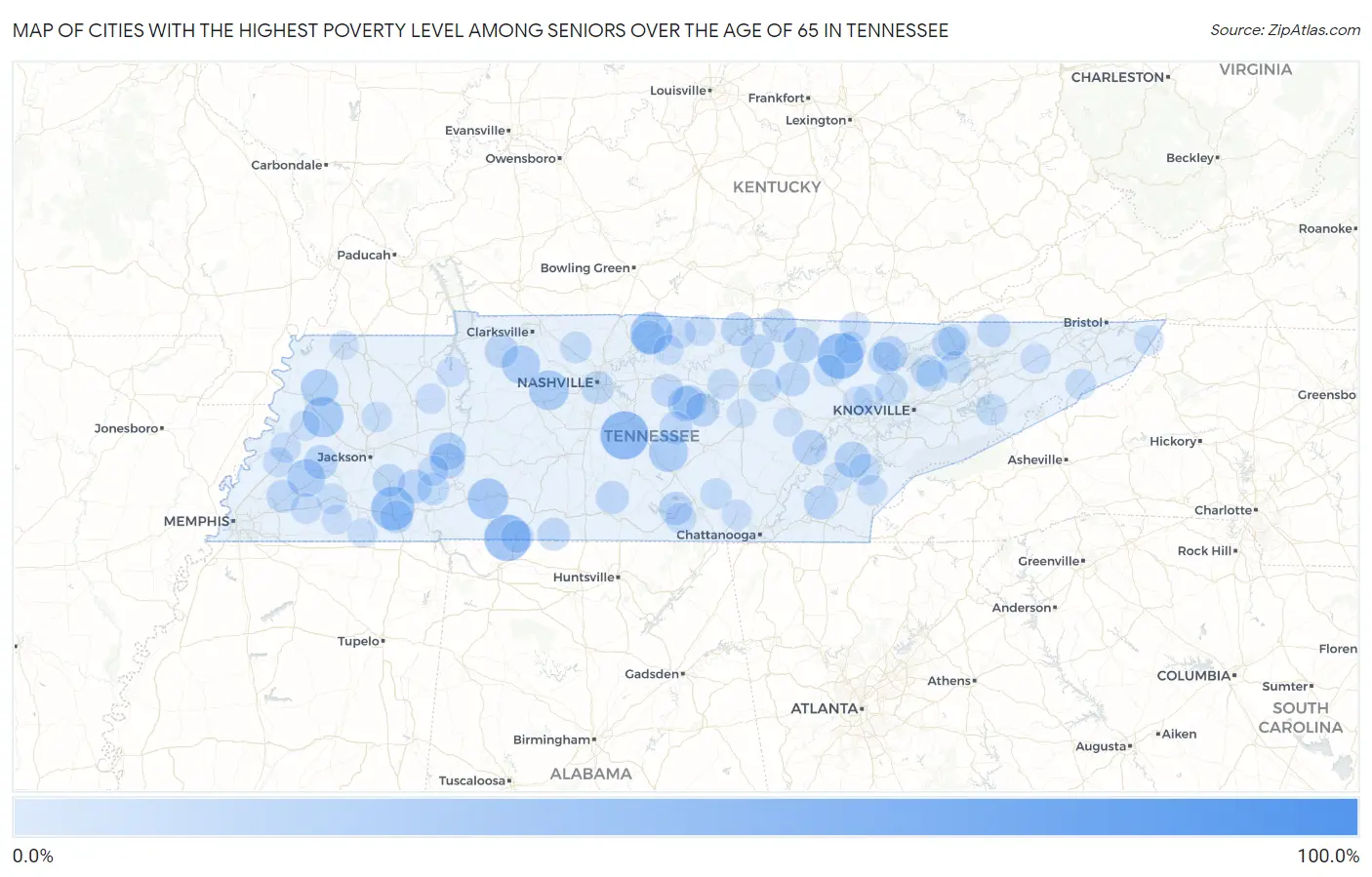 Cities with the Highest Poverty Level Among Seniors Over the Age of 65 in Tennessee Map