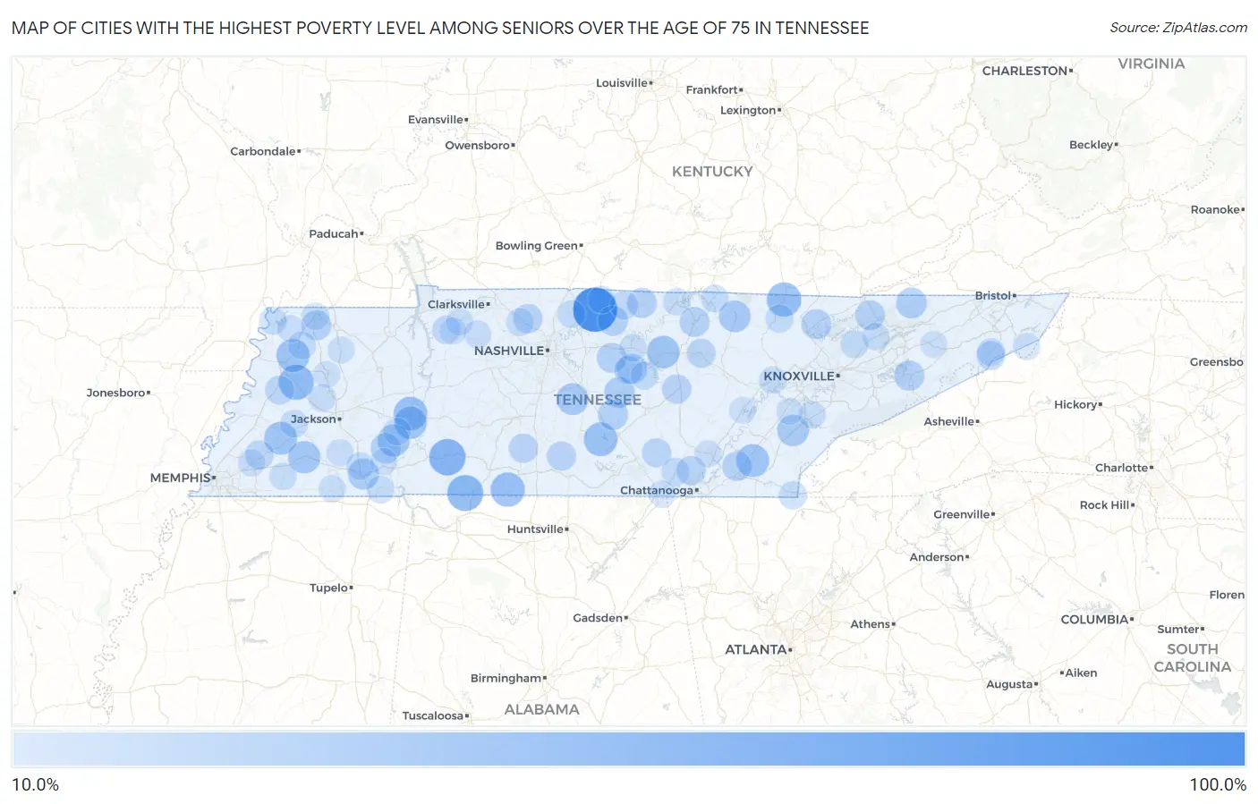 Cities with the Highest Poverty Level Among Seniors Over the Age of 75 in Tennessee Map