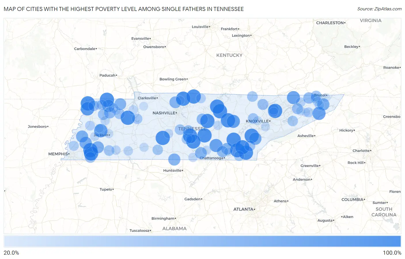 Cities with the Highest Poverty Level Among Single Fathers in Tennessee Map