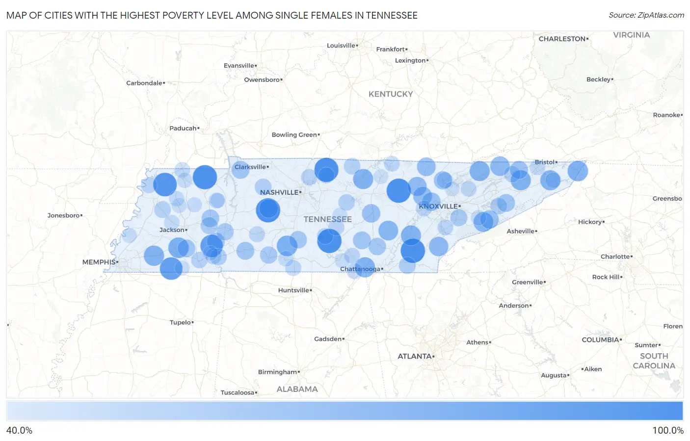 Cities with the Highest Poverty Level Among Single Females in Tennessee Map