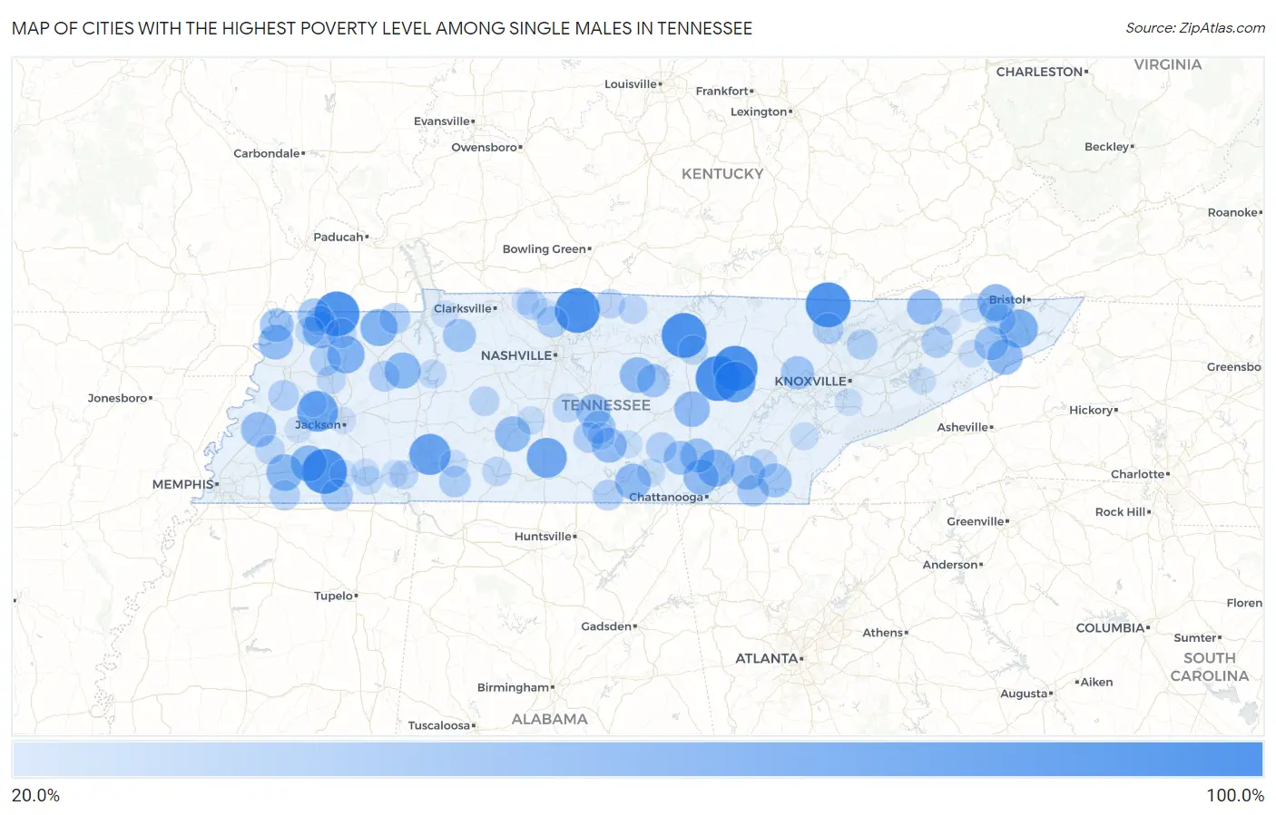 Cities with the Highest Poverty Level Among Single Males in Tennessee Map