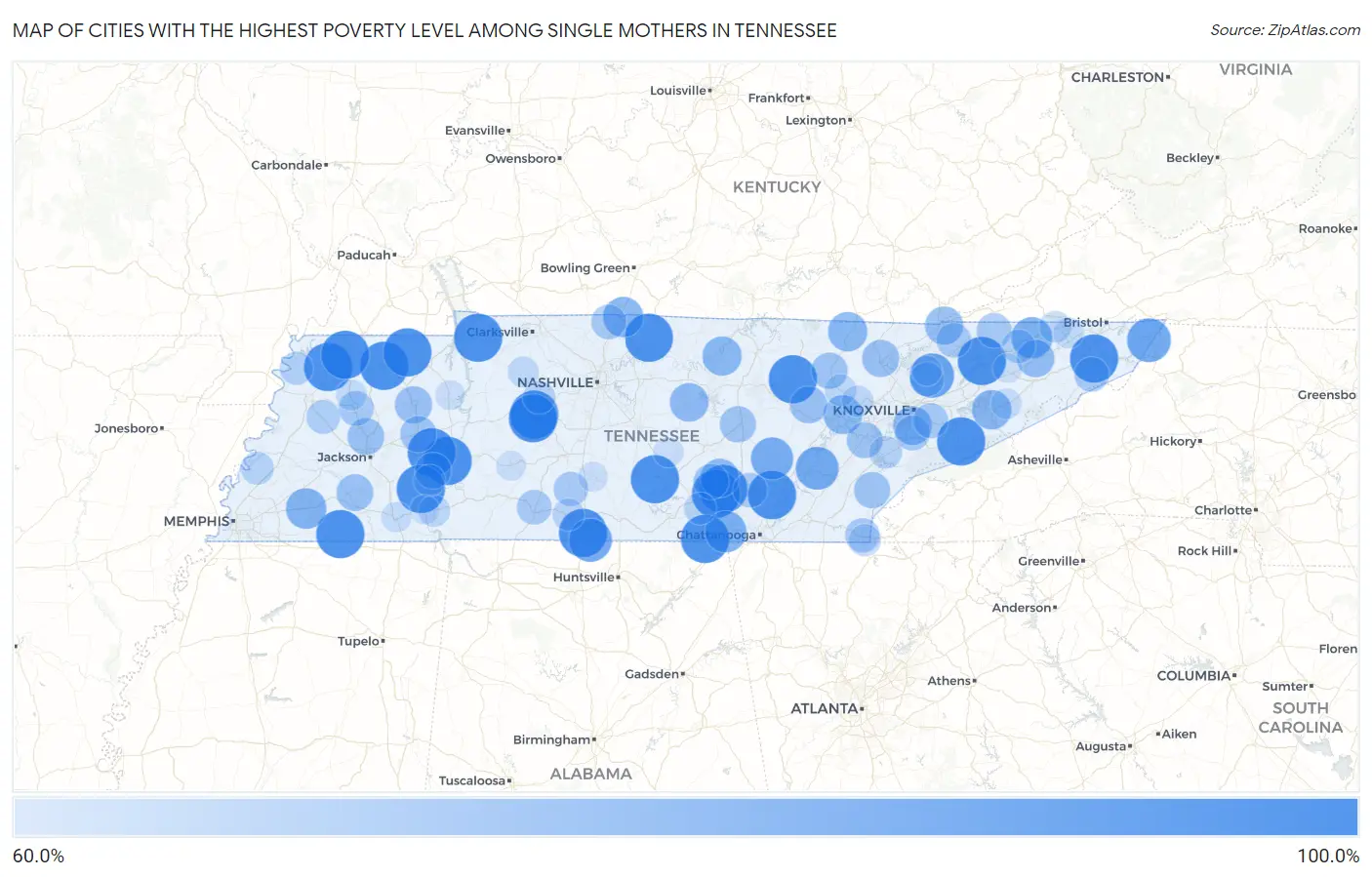 Cities with the Highest Poverty Level Among Single Mothers in Tennessee Map