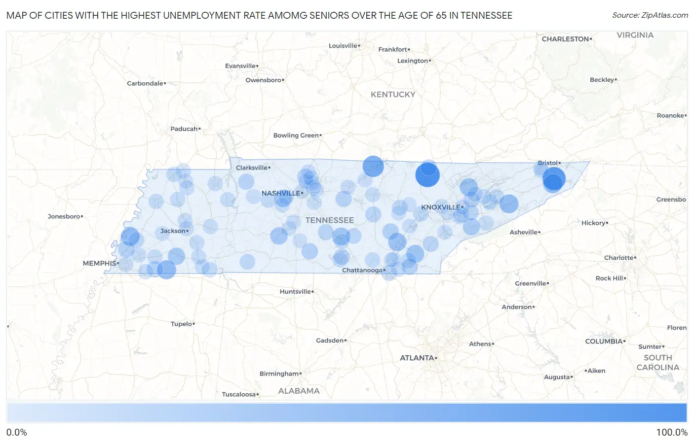 Cities with the Highest Unemployment Rate Amomg Seniors Over the Age of 65 in Tennessee Map