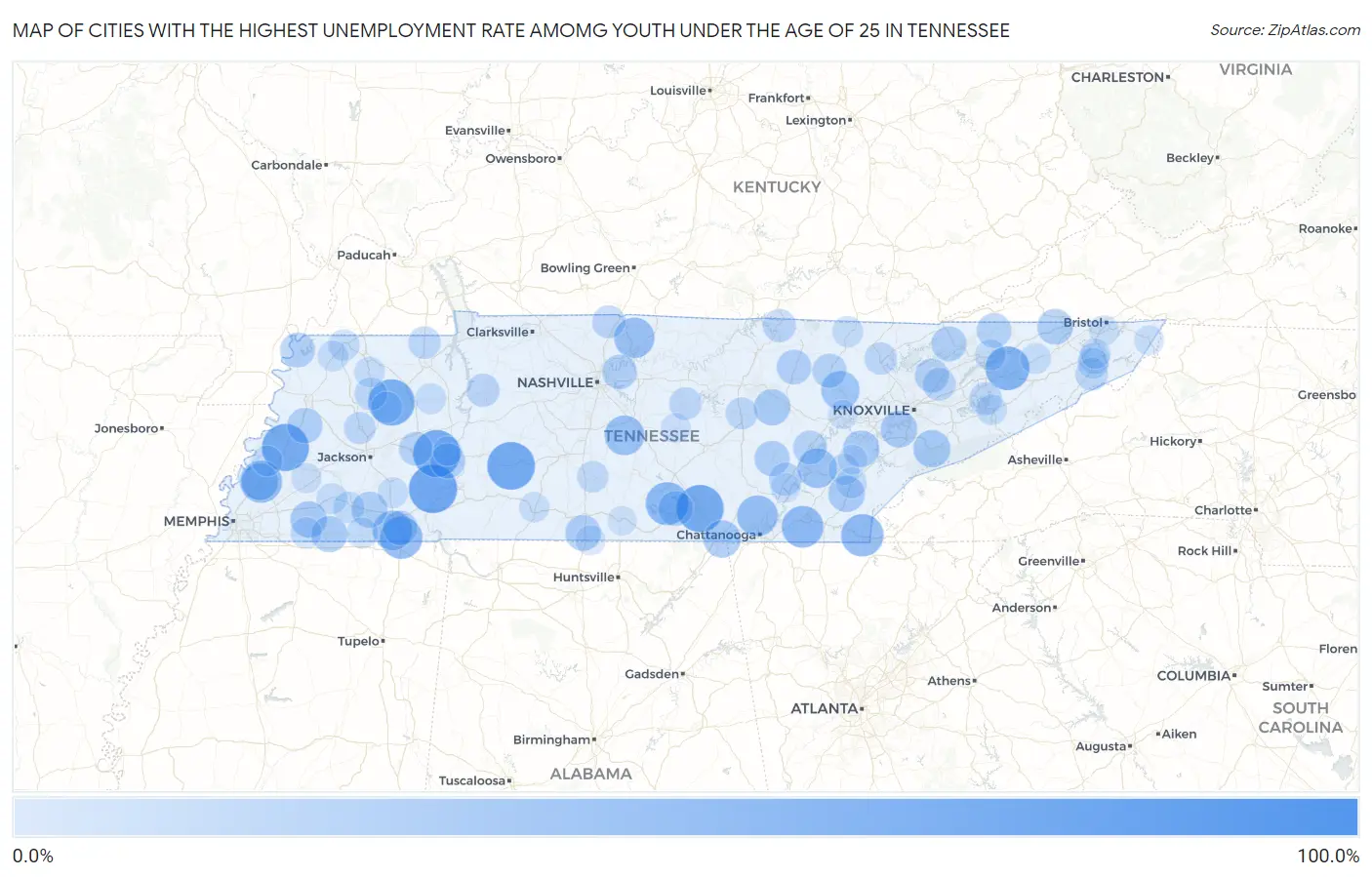 Cities with the Highest Unemployment Rate Amomg Youth Under the Age of 25 in Tennessee Map