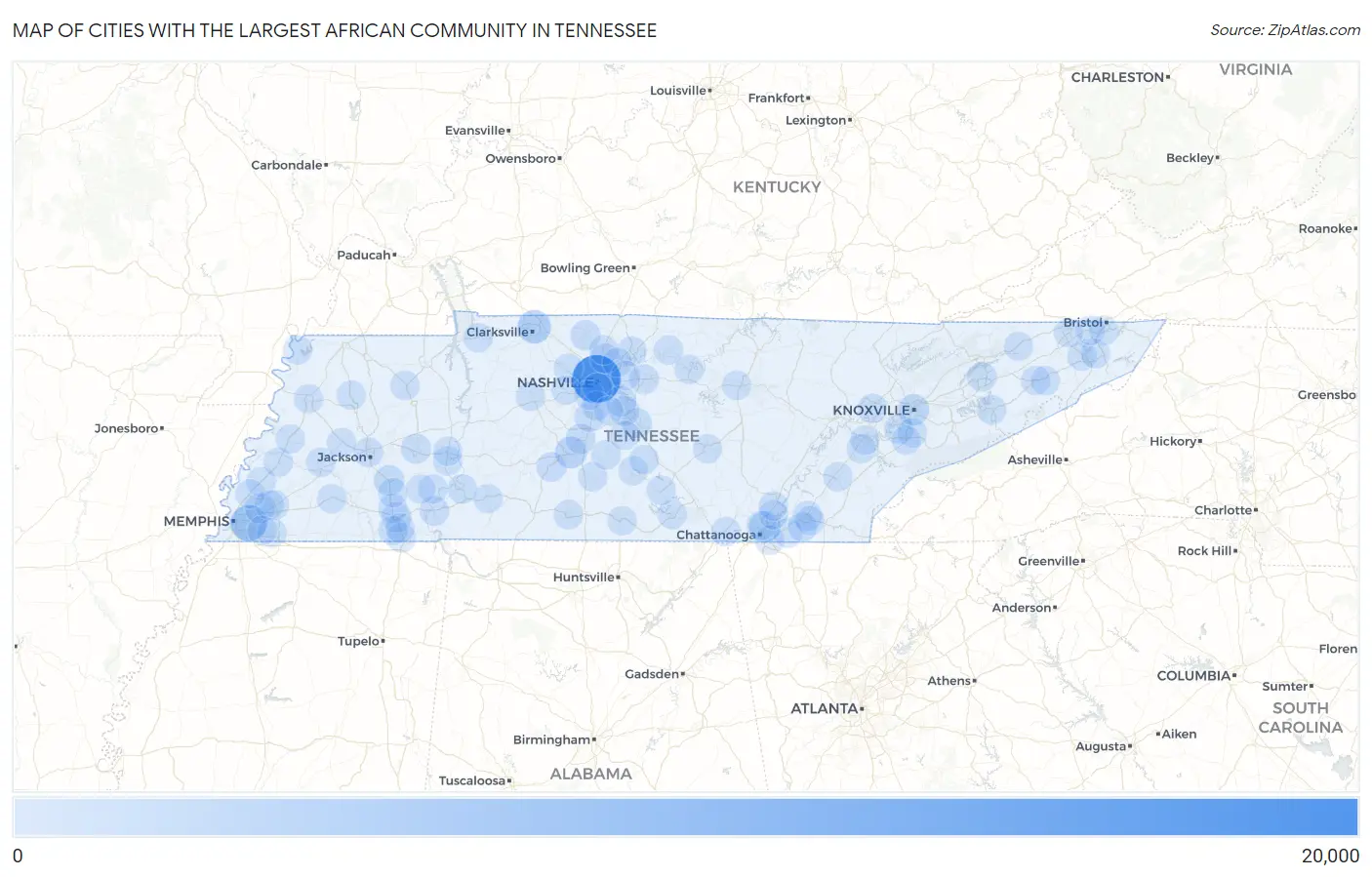Cities with the Largest African Community in Tennessee Map