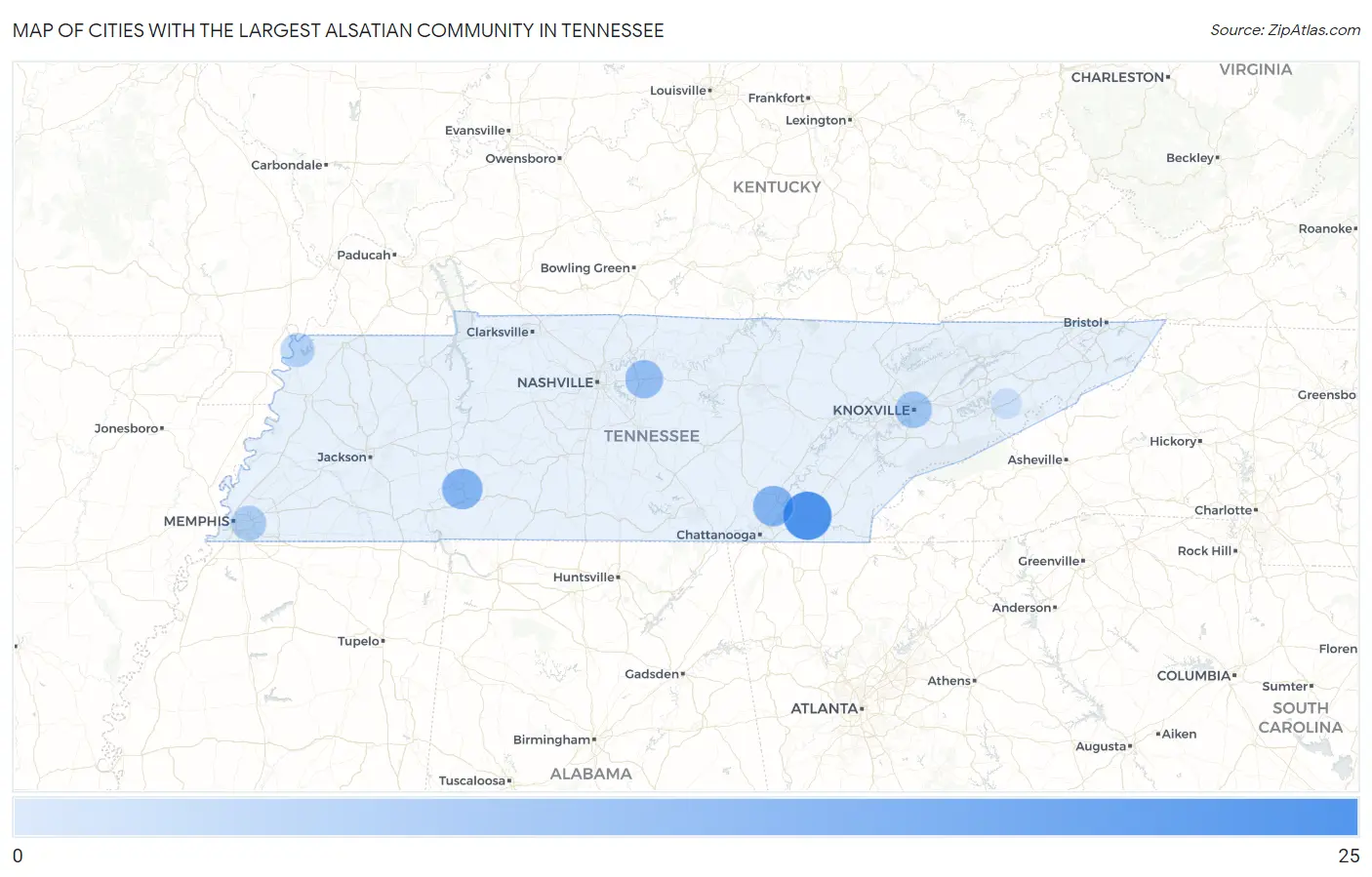 Cities with the Largest Alsatian Community in Tennessee Map