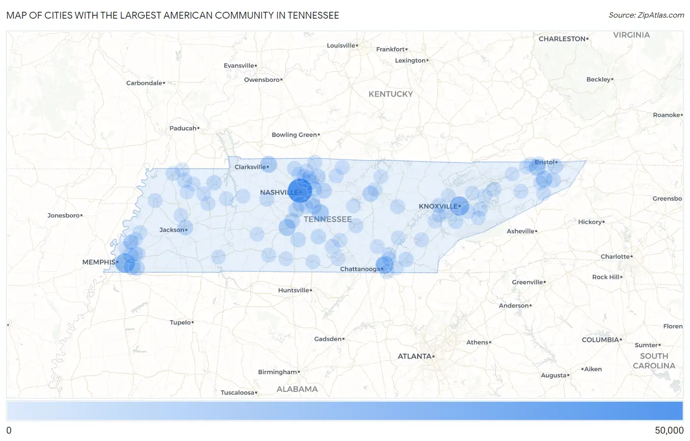 Cities with the Largest American Community in Tennessee Map