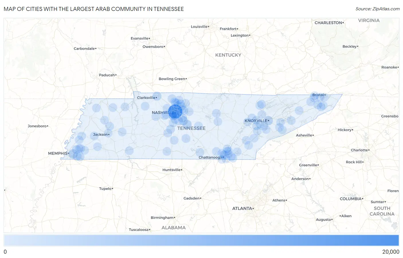 Cities with the Largest Arab Community in Tennessee Map