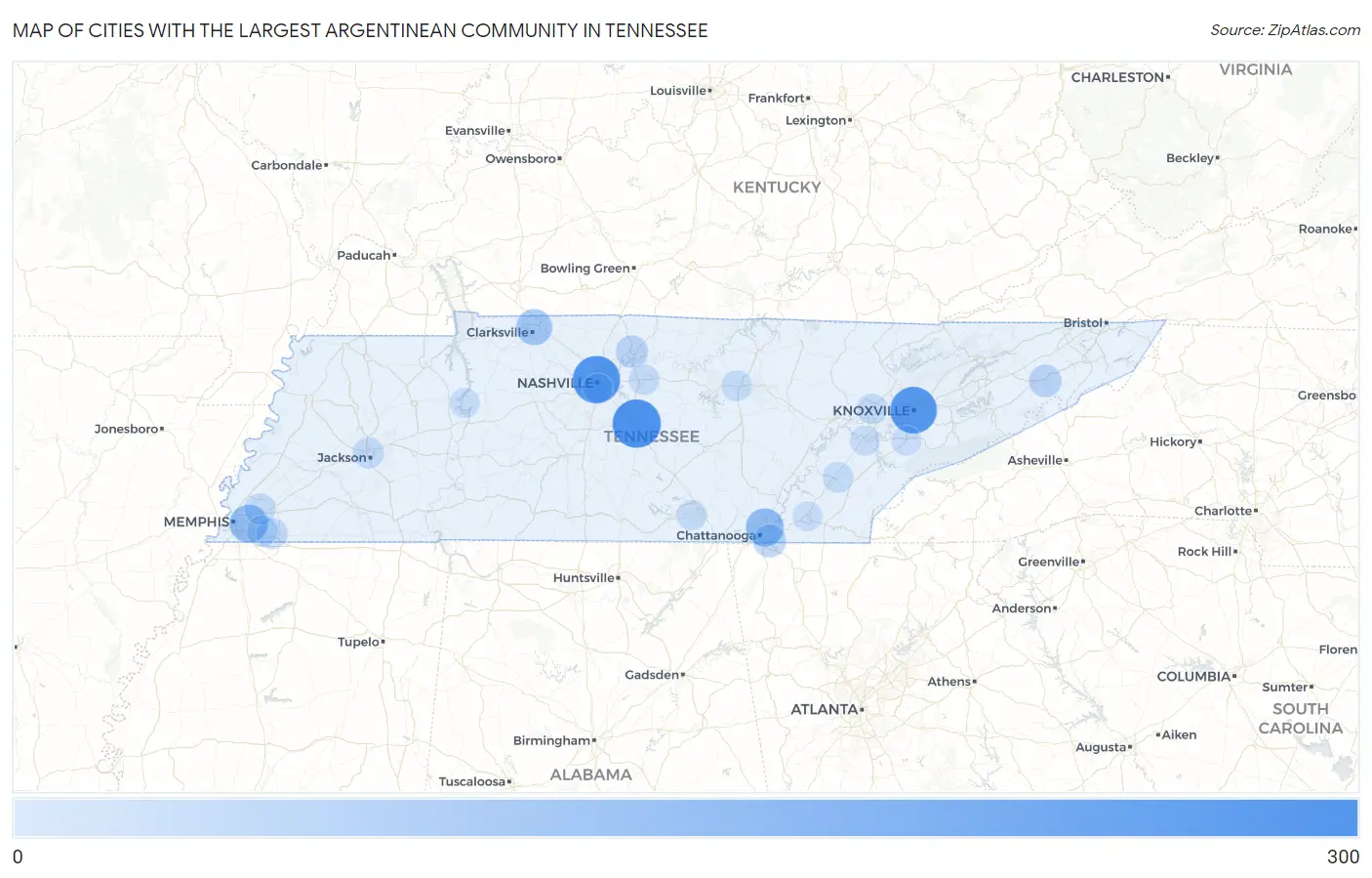 Cities with the Largest Argentinean Community in Tennessee Map