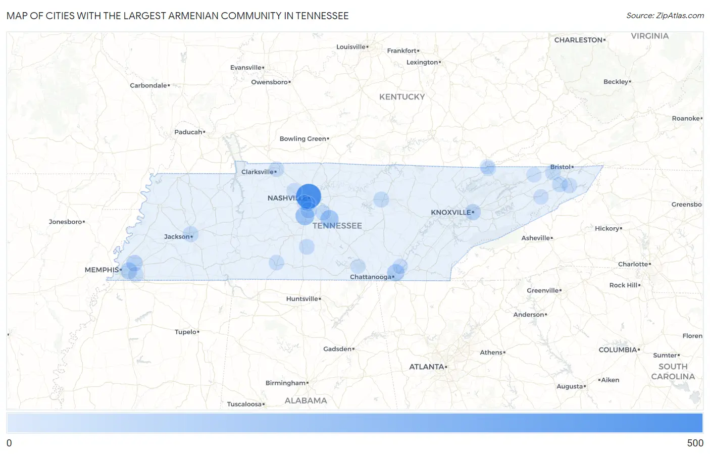 Cities with the Largest Armenian Community in Tennessee Map