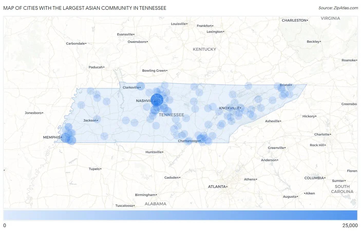 Cities with the Largest Asian Community in Tennessee Map