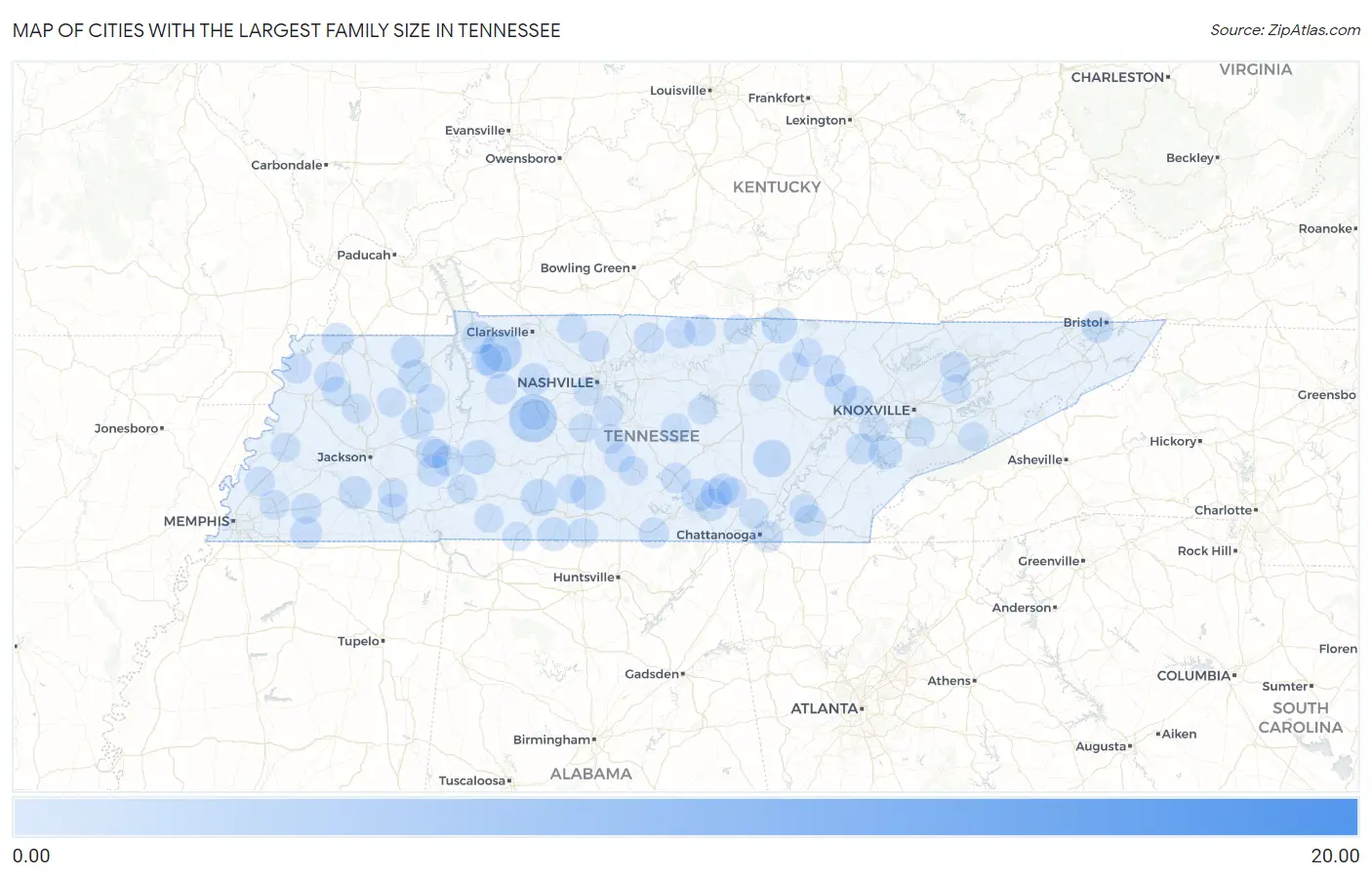 Cities with the Largest Family Size in Tennessee Map