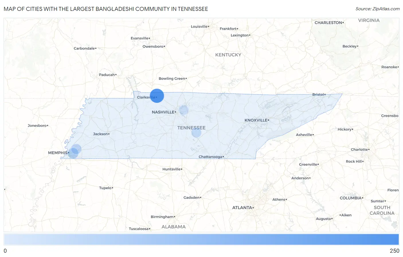 Cities with the Largest Bangladeshi Community in Tennessee Map