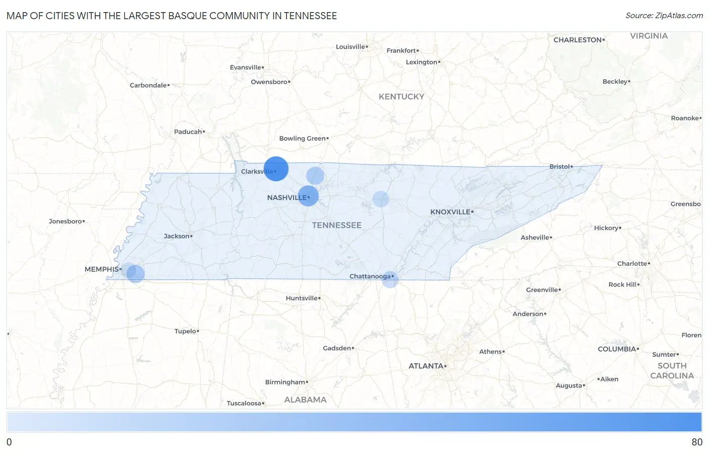 Cities with the Largest Basque Community in Tennessee Map