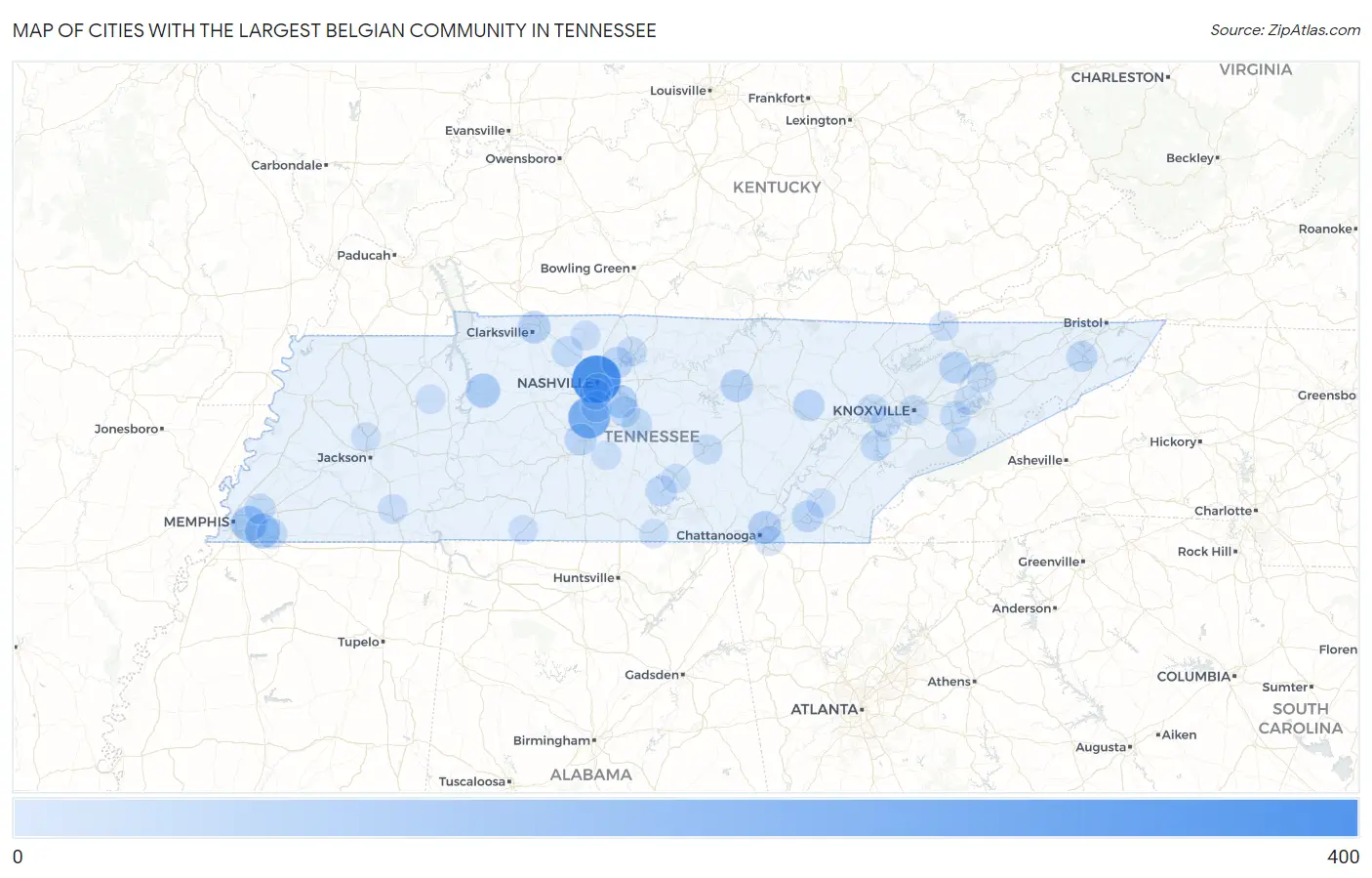 Cities with the Largest Belgian Community in Tennessee Map