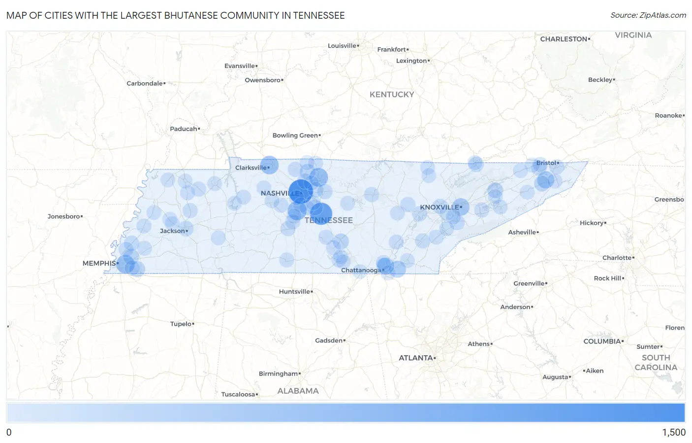 Cities with the Largest Bhutanese Community in Tennessee Map