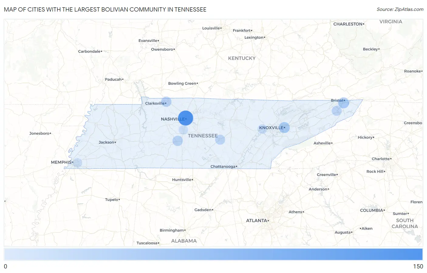 Cities with the Largest Bolivian Community in Tennessee Map