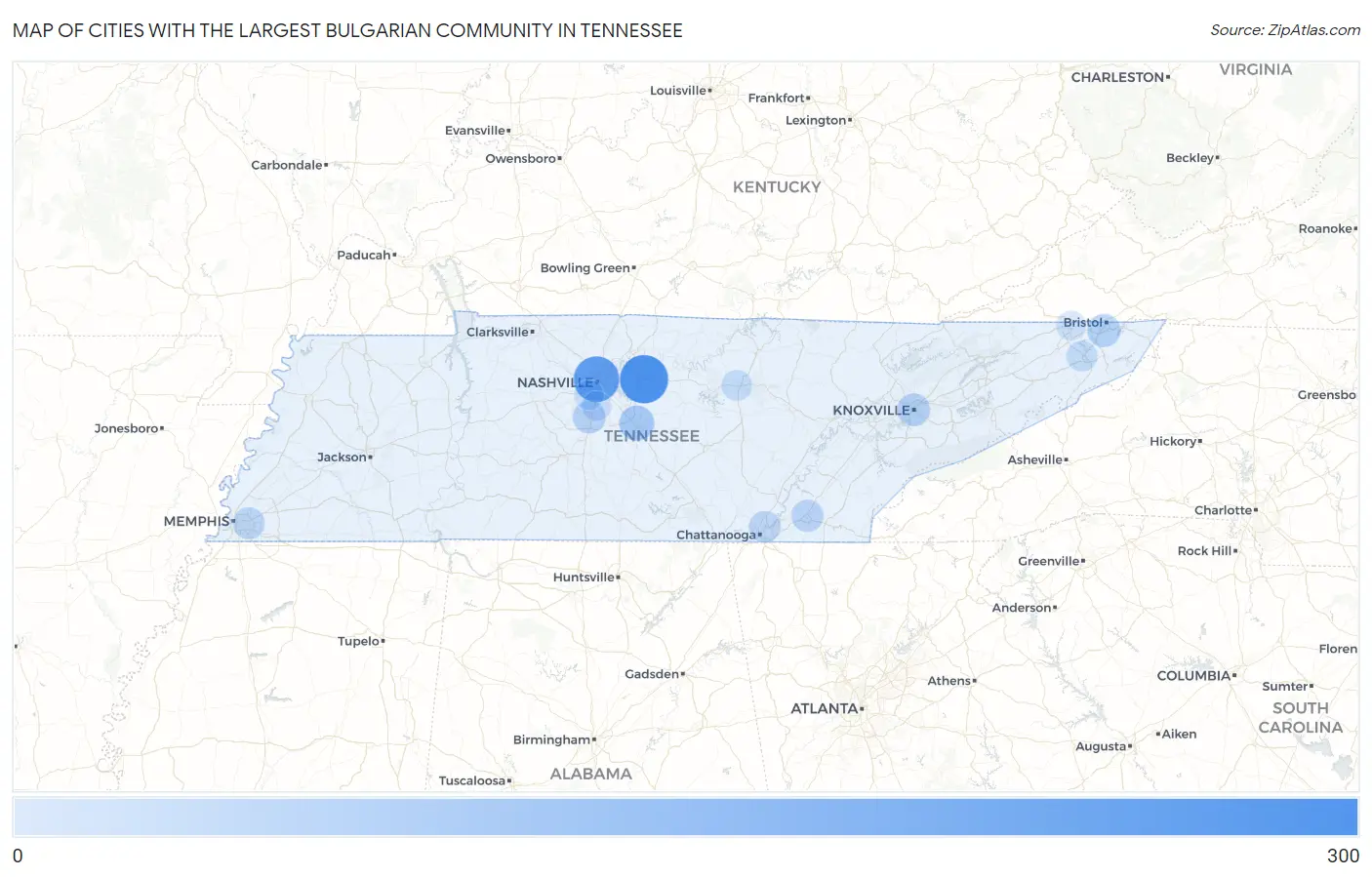 Cities with the Largest Bulgarian Community in Tennessee Map