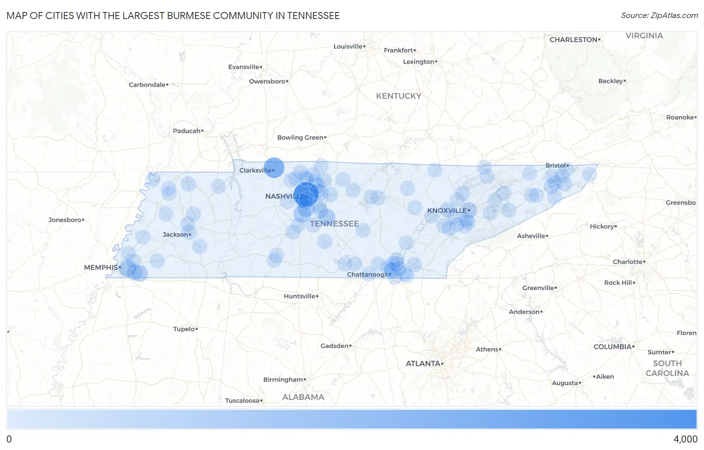 Cities with the Largest Burmese Community in Tennessee Map