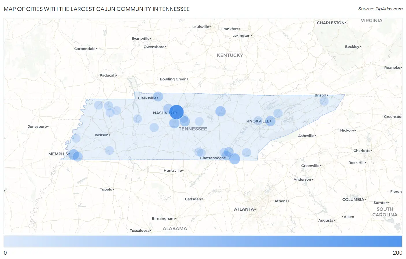 Cities with the Largest Cajun Community in Tennessee Map