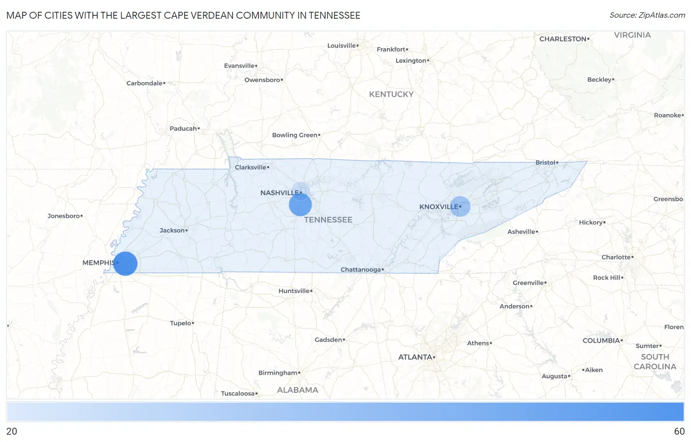 Cities with the Largest Cape Verdean Community in Tennessee Map