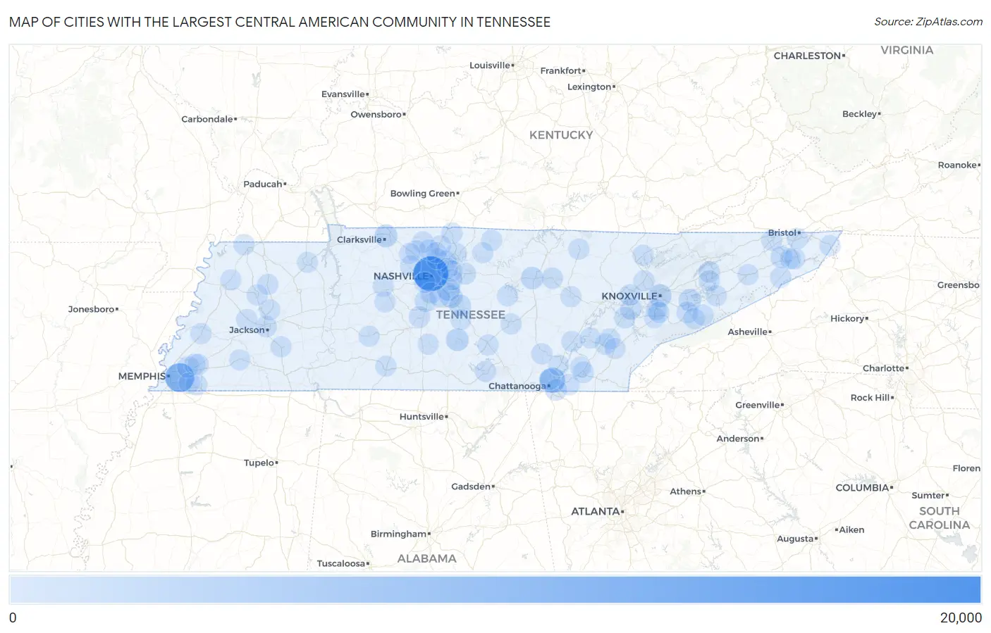 Cities with the Largest Central American Community in Tennessee Map