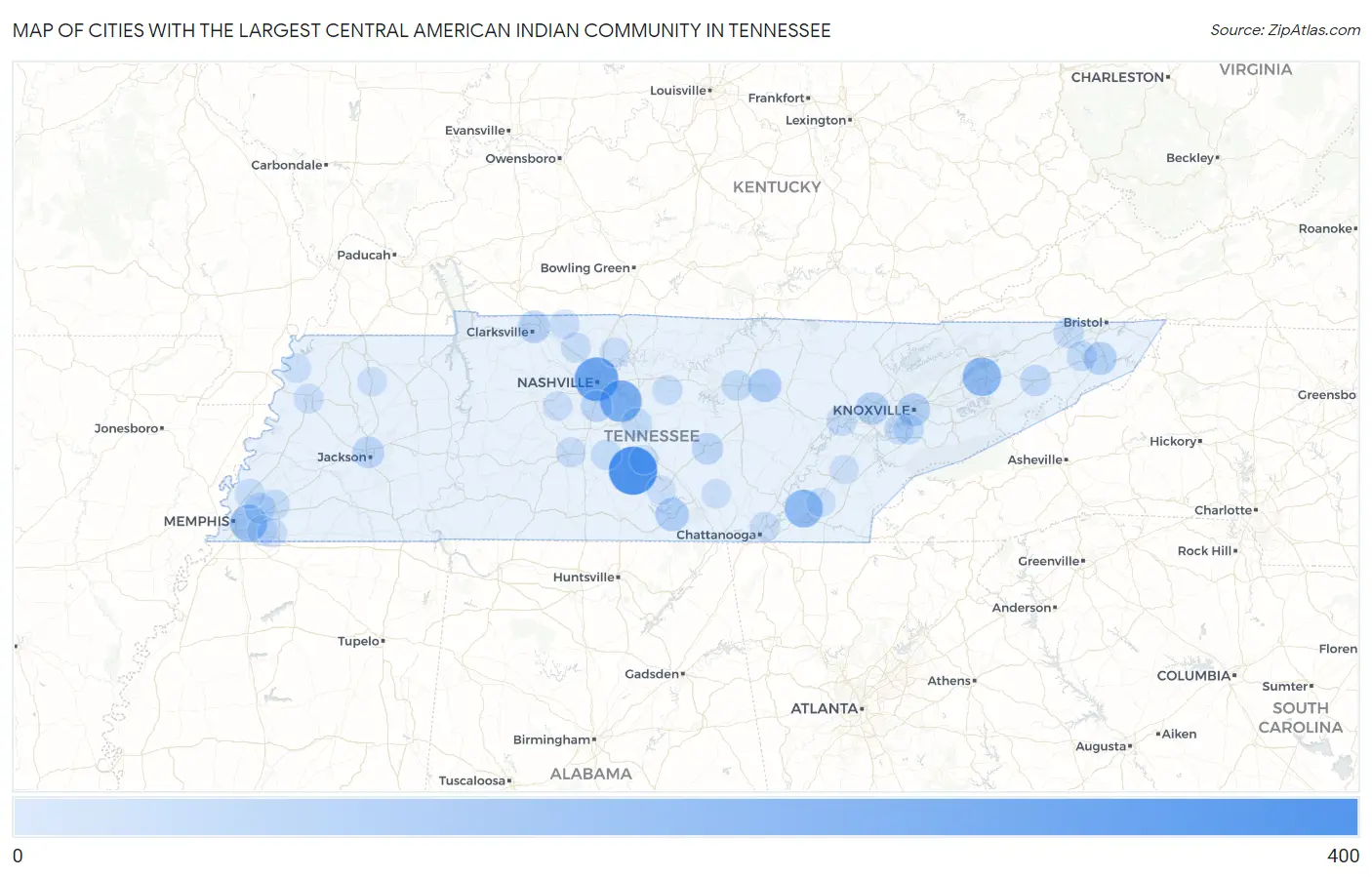 Cities with the Largest Central American Indian Community in Tennessee Map