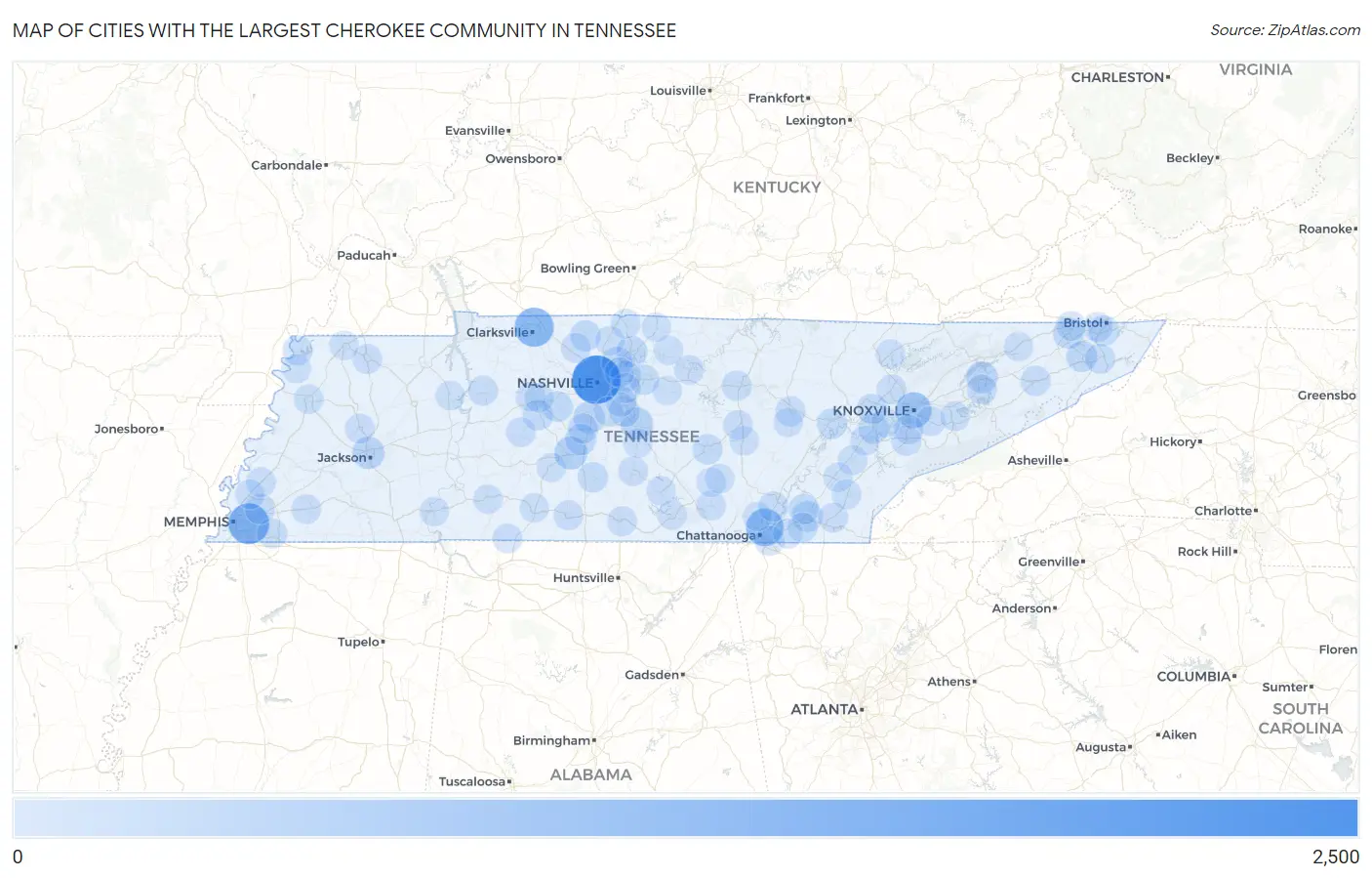 Cities with the Largest Cherokee Community in Tennessee Map