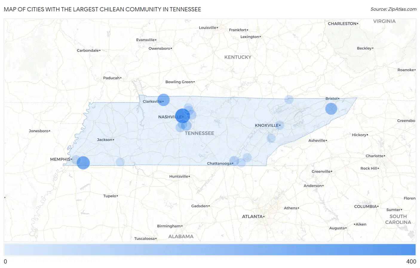 Cities with the Largest Chilean Community in Tennessee Map