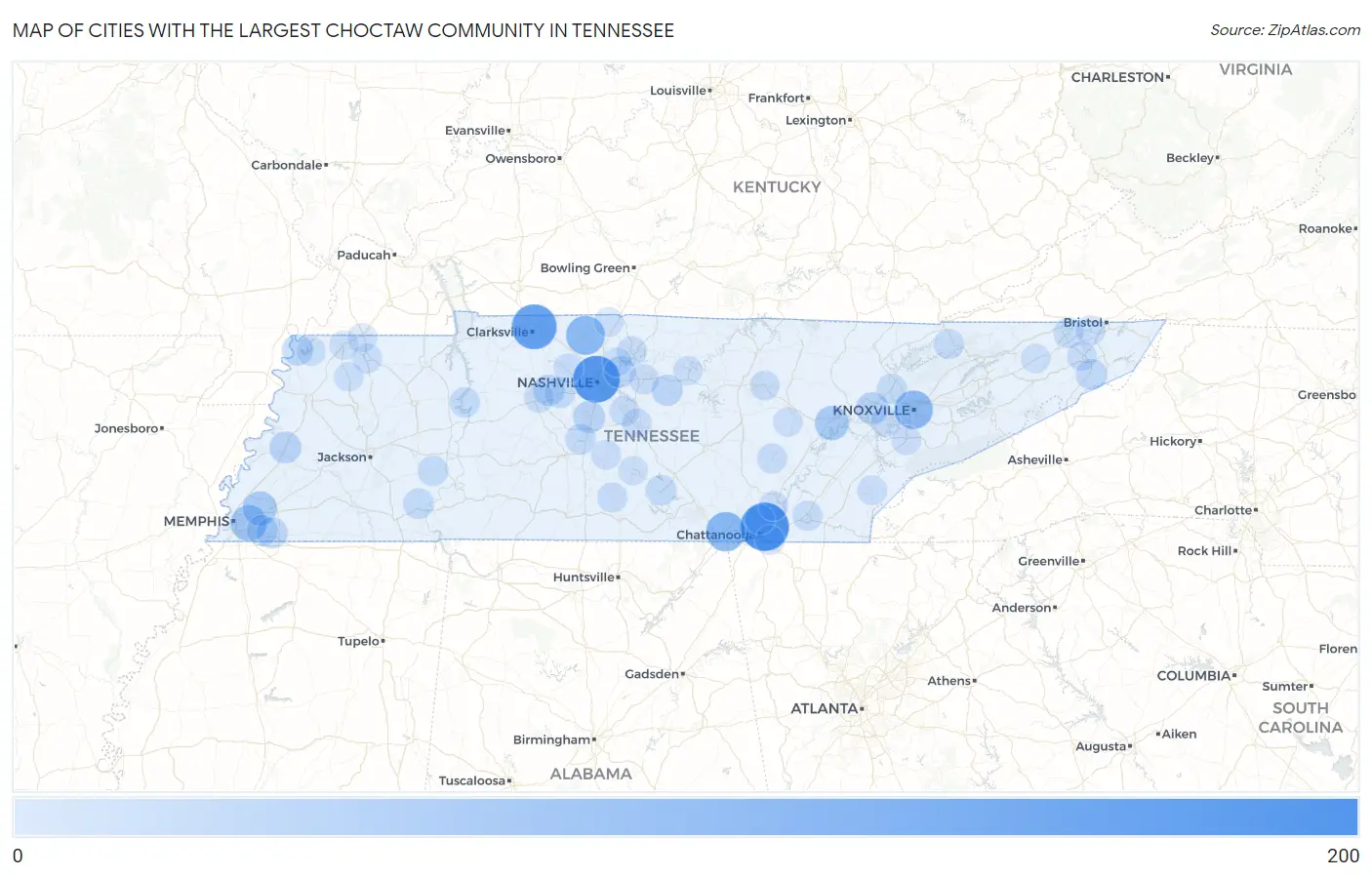 Cities with the Largest Choctaw Community in Tennessee Map