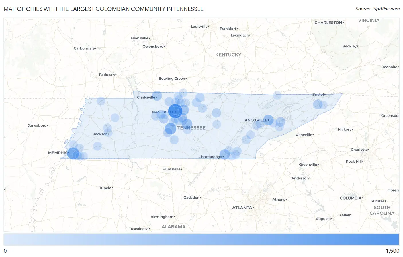 Cities with the Largest Colombian Community in Tennessee Map