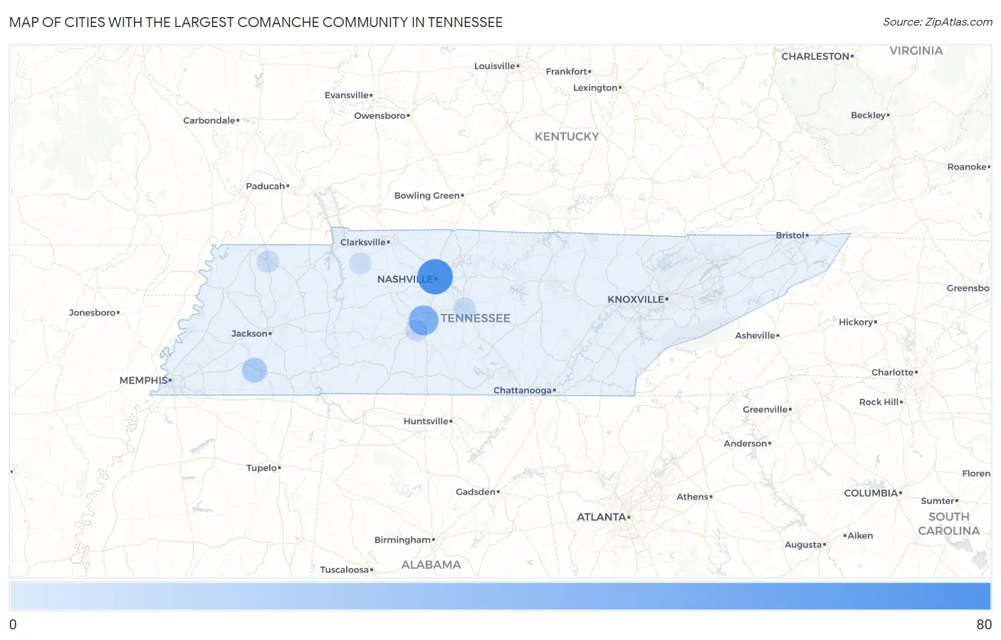 Cities with the Largest Comanche Community in Tennessee Map