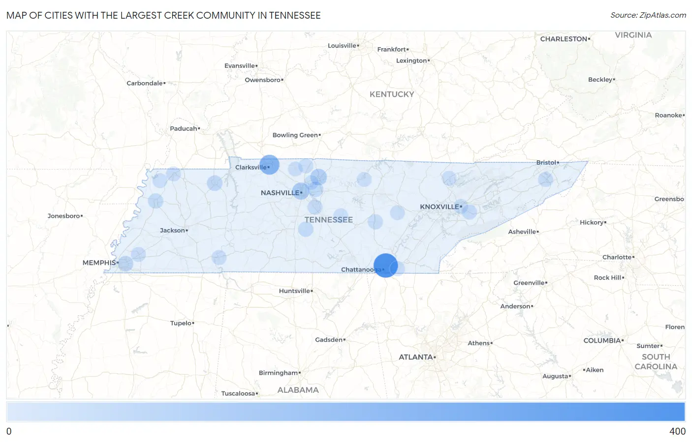 Cities with the Largest Creek Community in Tennessee Map